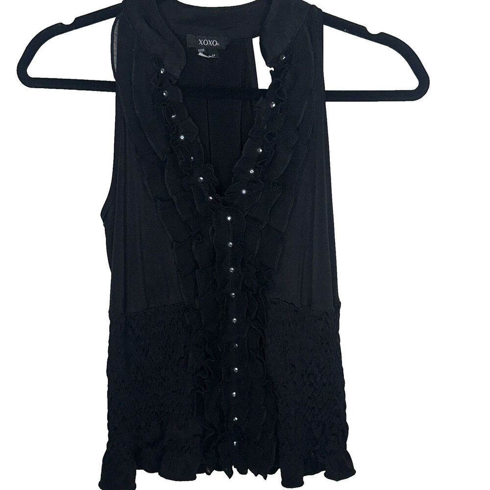 XOXO Vintage See through Black Ruffle Top Size Medium Y2K sheer blouse ruffle